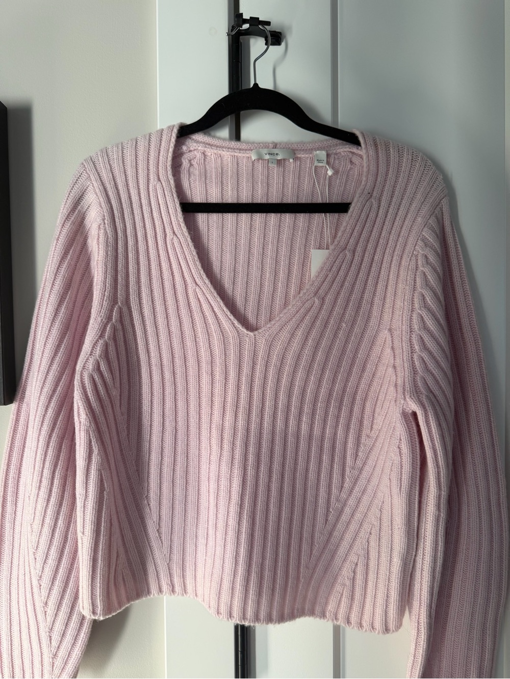 Vince Ribbed V-Neck Sweater in Pale Pink